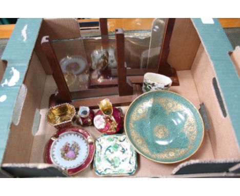 A SMALL BOX CONTAINING A PAIR OF ART DECO DESIGN PHOTO FRAMES, a Royal Worcester blue marked shallow bowl &amp; other small p