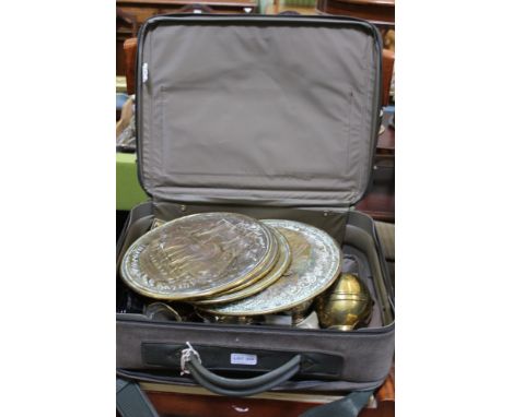 A SMALL MODERN TRAVEL BAG containing selection of metalwares, majority brass but to include hallmarked silver jug &amp; pop p