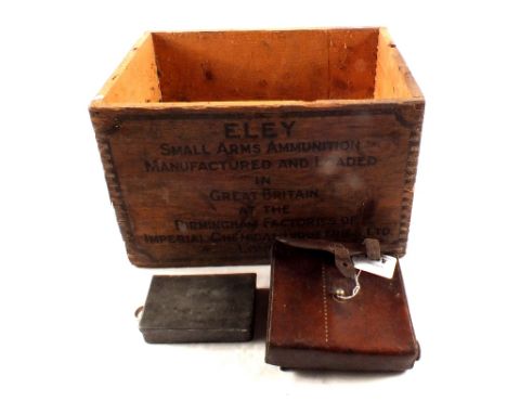 A 'Dixon' sandwich box within its leather case (flask missing) together with a vintage wooden Eley ammo box