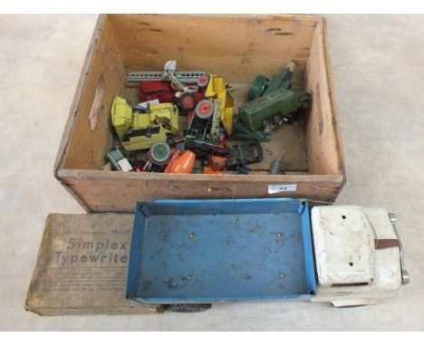 Two boxes of toys to include boxed Simplex typewriter, Triang transport lorry, die cast etc