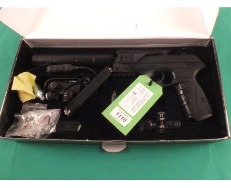A Gamo P-25 blowback tactical C02 air pistol with coloured dot sight and torch, near new in box, as a post 1939 air weapon th