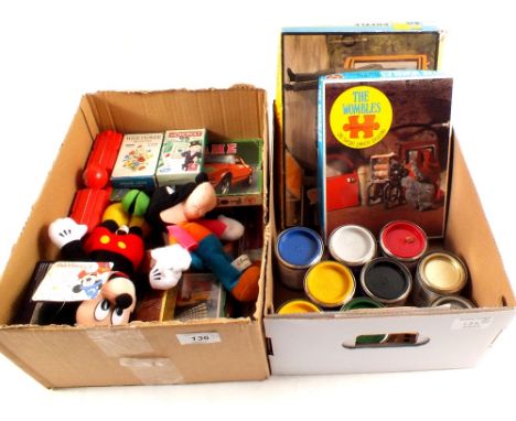 Various card and other games including Wonder Woman, Robin, Joe 90 jigsaw etc plus tins of Humbrol enamel paint (two boxes)