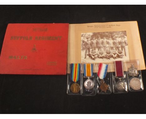 A 1915 trio with GRV Army Long Service medal with various sports medallions to 4389 Sgt J.Beddall 1st BN Suffolk Rgt, with 1s