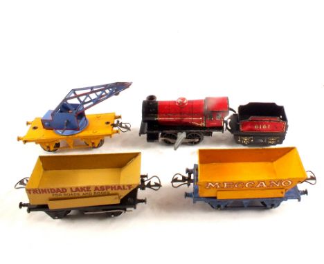 Hornby No.1 rotary tipping wagons, Meccano orange with blue base, Trinidad Lake asphalt black base, a crane wagon plus a pre-