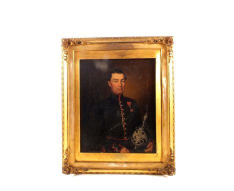 An oil painting of a Russian Army Officer holding his Pickelhaube (circa 1850), 15 1/2" x 12 1/2"