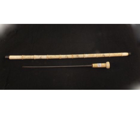 A vintage oriental sword stick with bone grip and etched bone scabbard