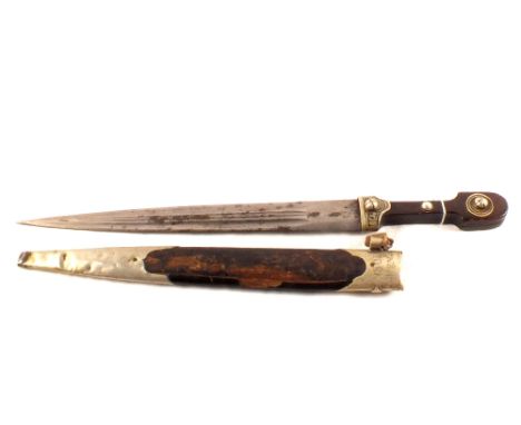 A Russian Cossack dagger marked K.K.B. with personalised inscription on rear, leather loss to rear of scabbard
