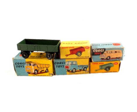 Boxed Dinky 341 Land Rover trailers with orange and green bodies plus green trailer (unboxed), a boxed Corgi 409 forward cont