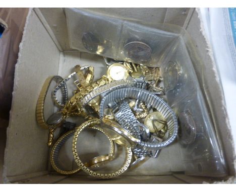 Quantity of Wristwatches (mainly a/f) together with some pre-decimal coinage and 9 pairs of Cufflinks plus a few singles and 