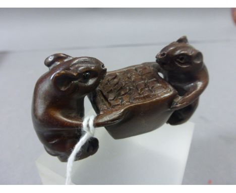 Japanese Wooden Netsuke of Two Mice carrying a Basket