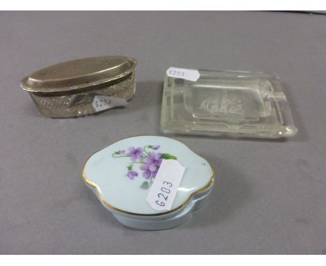 Glass Trinket Box with Silver Lid, Ceramic Trinket Box and a Small Glass Dish with etched Ship design