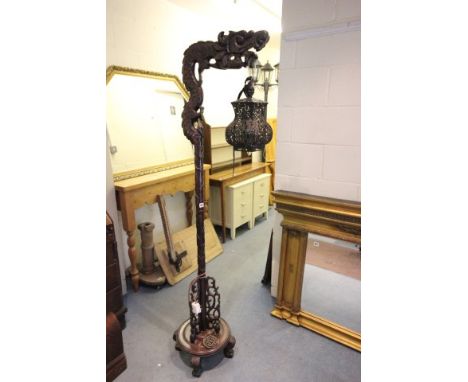 Chinese Carved Hardwood Standard Lamp in the form of a Dragon with Hanging Metal Lamp Shade