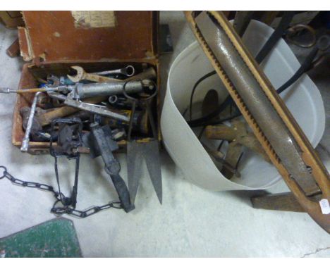 Small Suitcase of old Imperial Tools and a Tub of Agricultural Bygones inclduing Sheep Shears, Horse Hames, etc