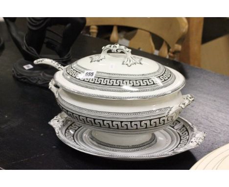 19th century C & E Pottery Eton Pattern Tureen, Ladle and Stand with Greek Key Decoration
