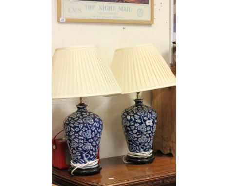 Pair of Ceramic Orange Blossom decorated Table Lamps with Silk Shades