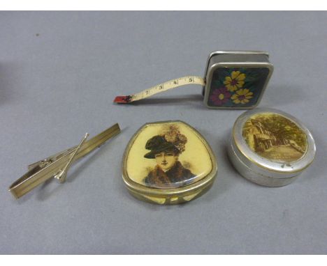 Vintage Tape Measure, Compact, Trinket box and Stratton Hunting Tie Pin
