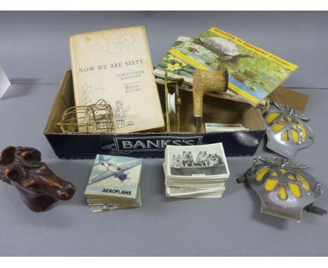 Two AA Badges, Senior Service Dog Cigarette Cards, Now we are Sixty Book, Horse Head Pipe Holder and Pipe, etc