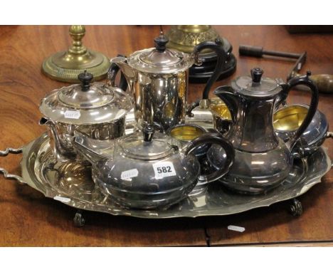 Good Quality Silver Plated Serving Tray with matching Teapot, Hot Water Jug and Milk Jug plus another Silver Plated Four Piec