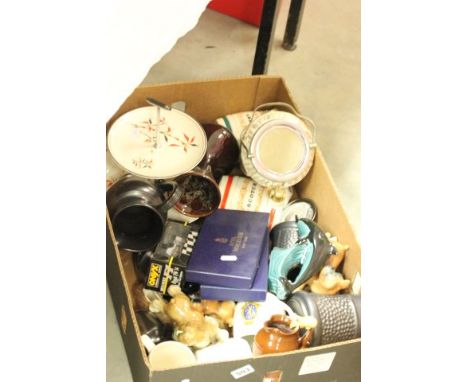 Box of Mixed Ceramics including David Cleverly Mouse Jug, Prinknash Ornaments, Worcester, Poole, Commemorative, Wade, etc