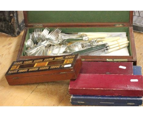 Wooden Cribbage Board, Mahogany Box with Silver Plated Cutlery, Cased Fish Knives and Forks and Two Sets of Knives