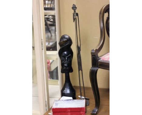 African Tall Bronze Figure of an African Herdsman together with a African Wooden Bust and a Vintage Game 'Smakbak Captive Gol