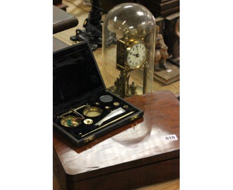 Mahogany Sewing Box with some Sewing Items, Cased Set of Jewellery Scales and an Anniversary Clock
