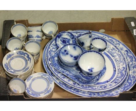 Collection of Blue and White Ceramics including Two Meat Plates, Cauldon Twelve Cups and Saucers plus Ten Plates, Copeland Sp