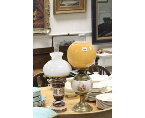 Brass Oil Lamp with decorative ceramic well and another Oil Lamp converted to electric