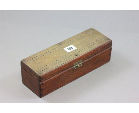 Mahogany Bridge Playing Card Box with Brass Cribbage Board to top