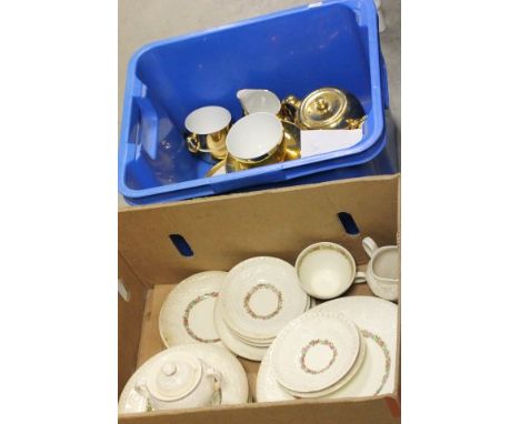 Royal Worcester Gold Coloured Tea Service with Six Cups, Saucers and Tea Plates, Cake Plate, Sugar Bowl, Milk Jug, Teapot  to