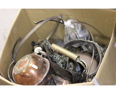 Box of Mixed Metalware including Brass and copper plus a Brass Fender and Two Iron Fire Grate Items