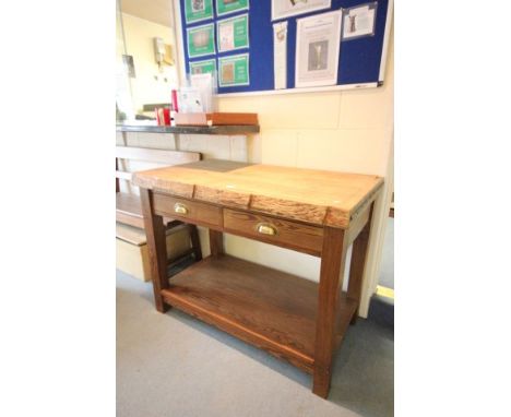 Vintage Pine Preparation Table with Two Drawers and Heavy Oak Top
