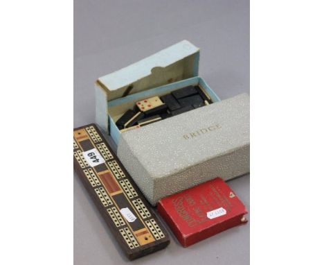 Multi-Wooden and Bone Cribbage Board, Bone and Ebony Dominoes, Bridge Set and Pack of Playing Cards