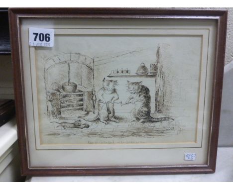 Humorous 19th century Pencil Sketch of Cats in an interior setting in the style of Louis Wain