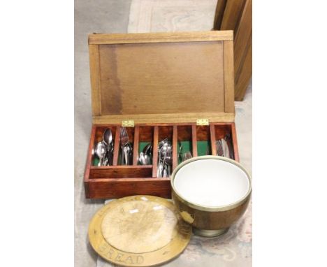 Canteen of Cutlery, Vintage Bread Board and an Oak Footed Bowl with Ceramic Liner