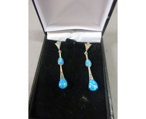 Pair of Silver Marcasite and Opal Art Deco Style Earrings