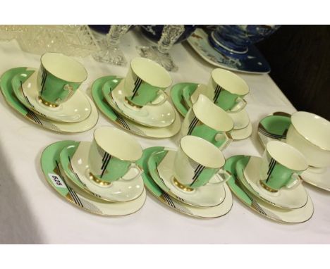 Art Deco Royal Doulton 'Barry' Tea Service comprising Six Cups, Saucers and Plates, Sandwich Plate, Milk Jug and Sugar Bowl