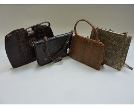FOUR VINTAGE HANDBAGS, to include two alligator skin handbags together with two further reptile skin handbags (s.d. To one of