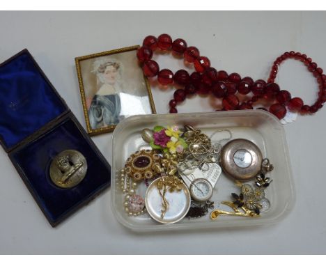 A COLLECTION OF JEWELLERY, a pocket watch and a miniature portrait