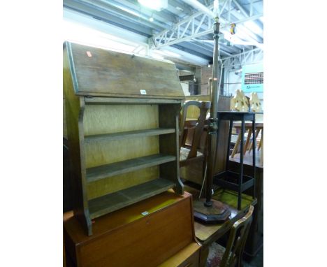 A SLIM OAK BUREAU, plant stand and a standard lamp (3)