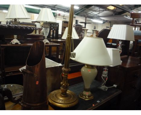 A PAIR OF CUT GLASS TABLE LAMPS, another table lamp, standard lamp and a copper coal scuttle (5)