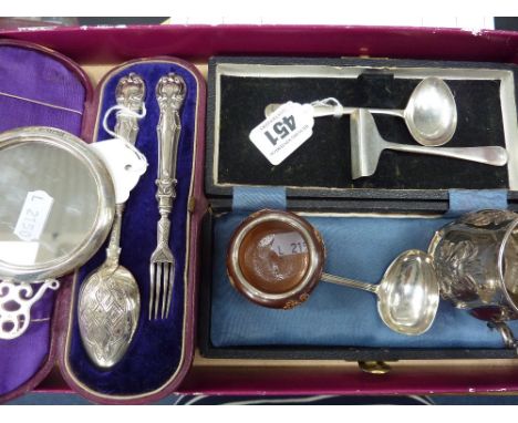 TWO CASED CHRISTENING SETS, to include scraper, ladle, fork and spoon, together with tankard, mirror, spoon and silver rimmed