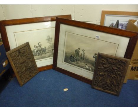 A PAIR OF VICTORIAN CARVED PANELS AND FRENCH PRINTS, (3)