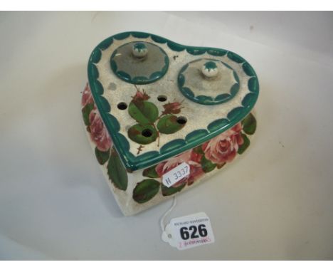 A WEMYSS HEART SHAPED INKSTAND, painted with roses and green leaves, fitted with two glass wells and covers, impressed mark, 