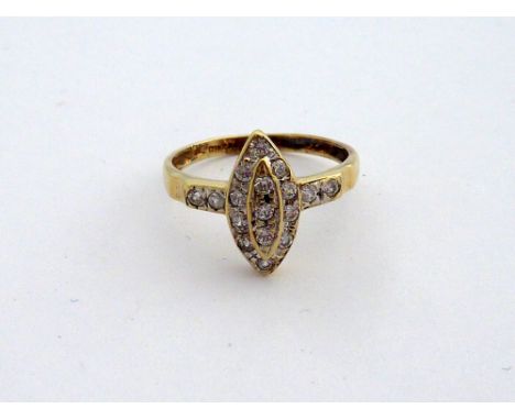 A 9CT GOLD DIAMOND RING, of marquise shape to the diamond shoulders and plain band, hallmarks for London, ring size N 1/2