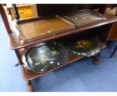 A PAPIER MACHE TRAY, with floral decoration, a similar papier mache item and two oak trays (4)