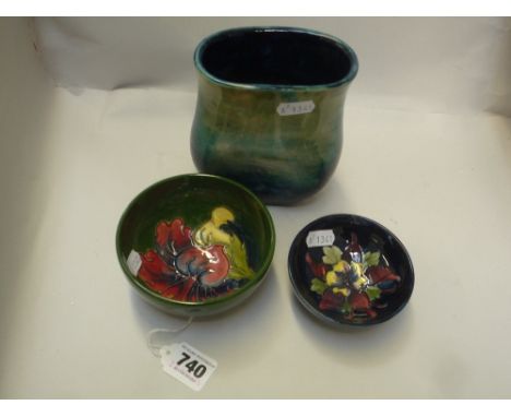 THREE PIECES OF MOORCROFT, to include 'Hibiscus' small bowl, 'Columbine' trinket dish and a vase (3)