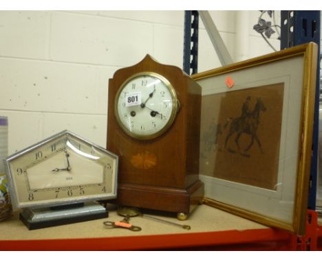 AN INLAID MANTEL CLOCK, (key and pendulum), a Smiths electric clock and a picture (3)