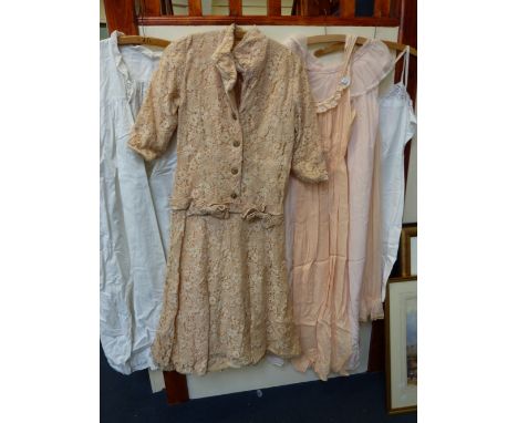 A COLLECTION OF VINTAGE CLOTHING, to include two ladies petticoats, two ladies nightdresses, one cotton night gown and one dr