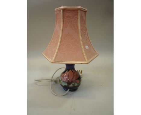 MOORCROFT (?) TABLE LAMP, 'Magnolia' design, with pink shade (no marks)